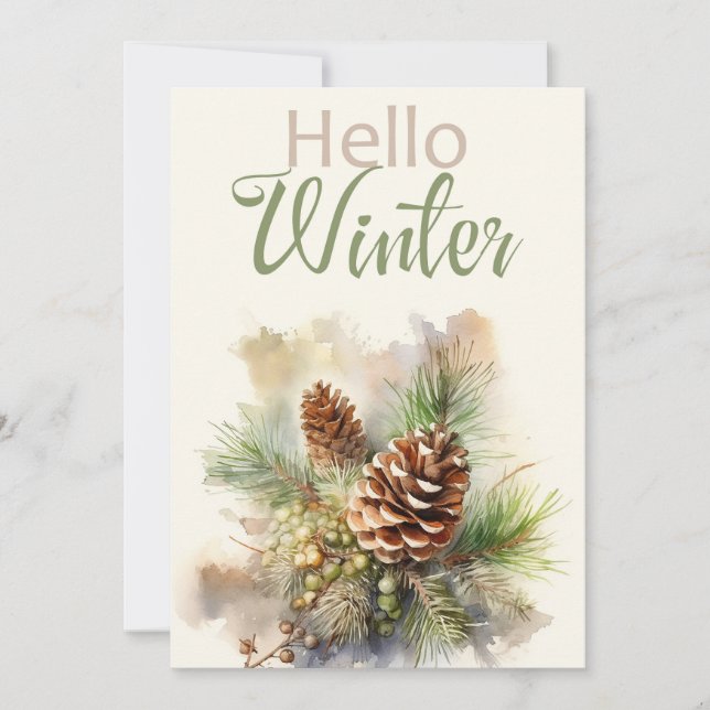 Carte de voeux aquarelle avec branches de pin, côn (Devant)
