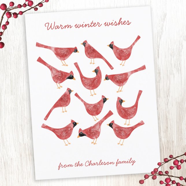 Carte de vœux aquarelle de l'oiseau cardinal festi (Fun red and white watercolor Cardinal bird personalized Christmas Holiday card)
