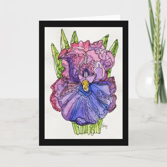 Carte de voeux - Aquarelle et encre pourpre Iris (Devant)