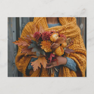 carte de voeux automne femme tenant des fleurs aut