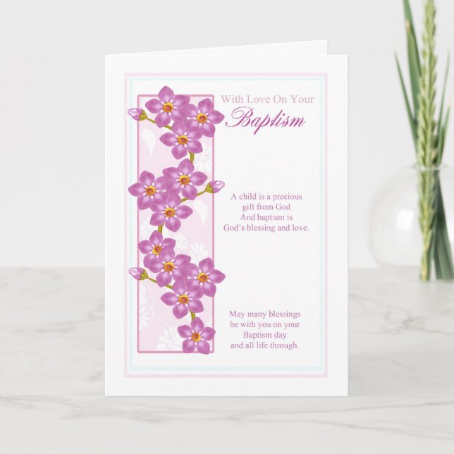carte de voeux baptême avec fleurs roses (Devant)