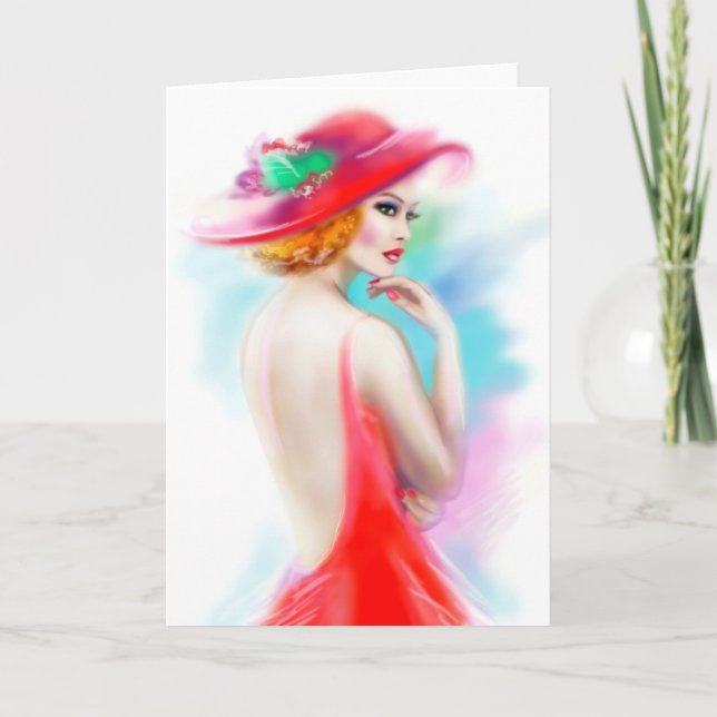 Carte de voeux belle femme en casquette rouge (Devant)