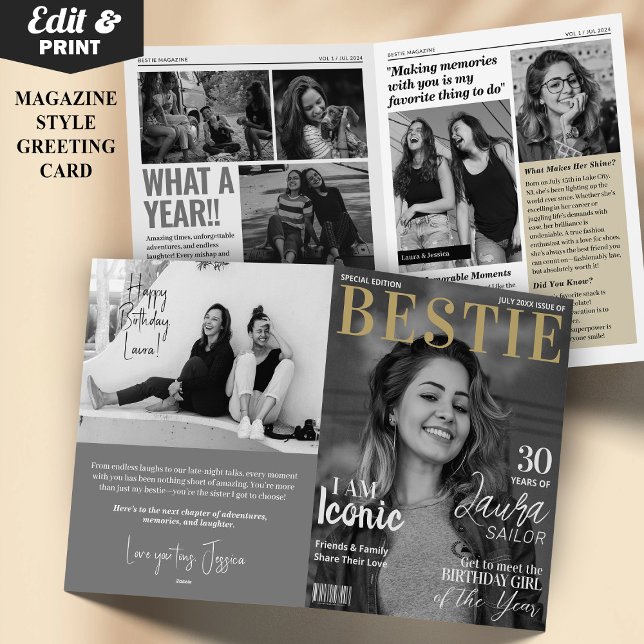 Carte de voeux Bestie Custom Birthday Magazine (Bestie Custom Birthday Magazine Greeting Card, Modern Birthday Card with Photos)