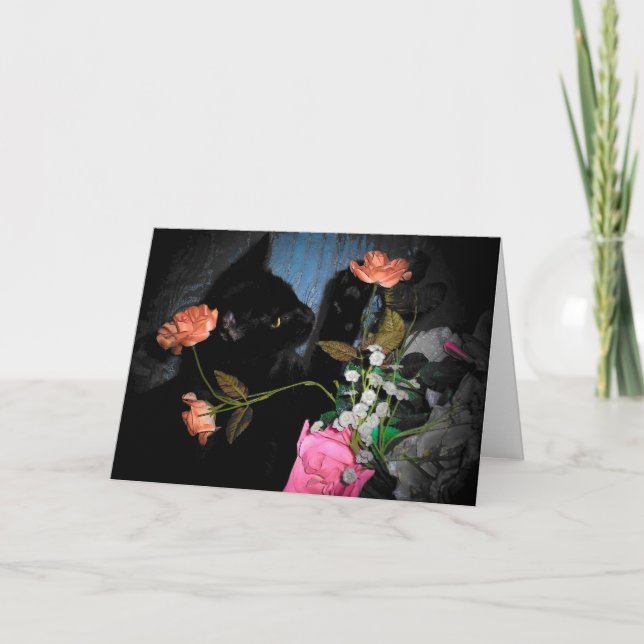 Carte de voeux Black Kitty et fleurs (Devant)