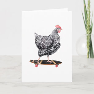 Carte de voeux blanche de poulet sur skateboard