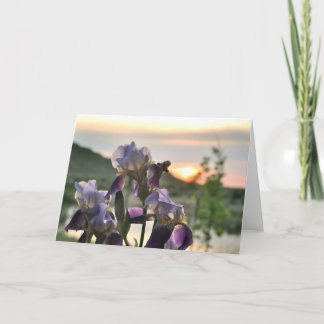Carte de voeux blanche Irises et coucher de soleil