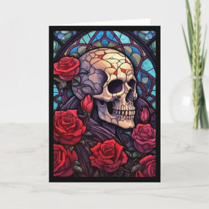 Carte de voeux blanche V3 Skull & Red Roses