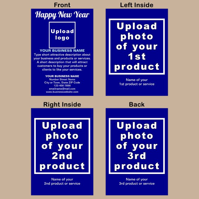 Carte de voeux Bleu du Nouvel An (Blue New Year folded greeting card with your business brand and products or services.)