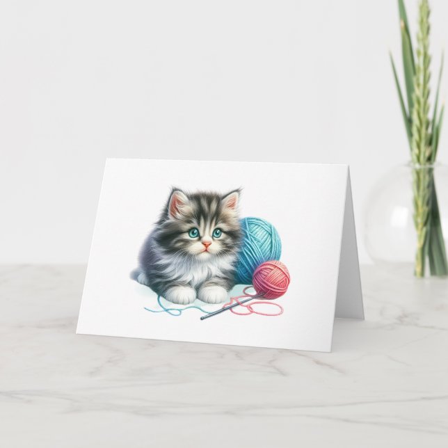 Carte de voeux bleu et rose Tabby Charm Tabby Blan (Devant)