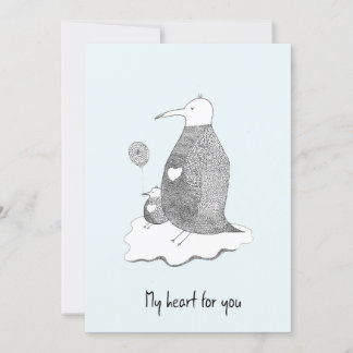 Carte de voeux bleu tiré à la main Penguin Family