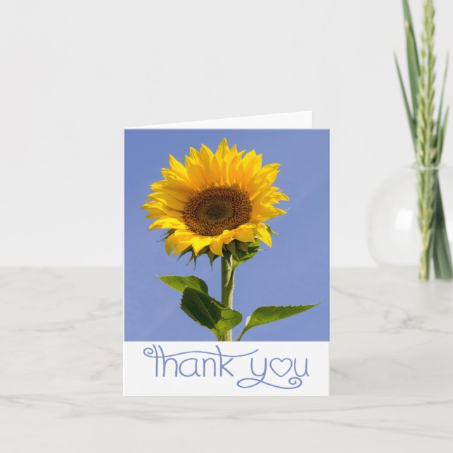 Carte de vœux bleue florale Tournesol jaune Merci (Devant)