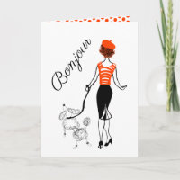Carte de vœux Bonjour Fille et Caniche Français