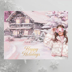 Carte de vœux Chalets de ski Blush Rose Aquarelle 