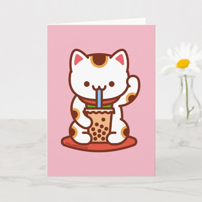 Carte de vœux chat : BOBA KIT-TEA MANEKI-NEKO (Petite plante)