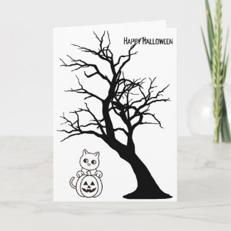 Carte de vœux chat citrouille arbre Joyeux Hallowe
