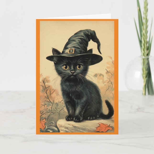 Carte de vœux Chat dans le chapeau de sorcière (Devant)