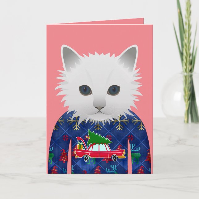 CARTE DE VŒUX CHAT EN TRESSE DE NOËL (Devant)