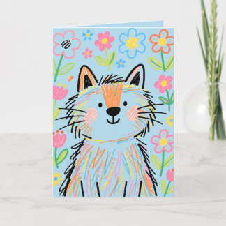 Carte de vœux Chat Gribouillage Bleu Pastel 