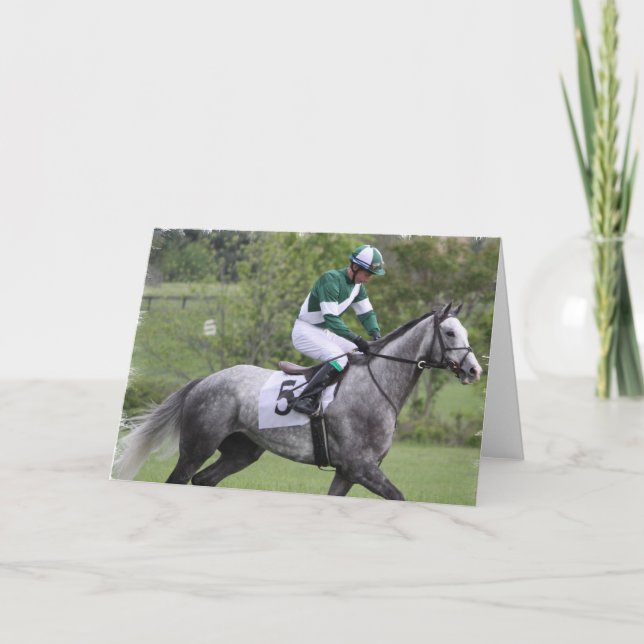 Carte de voeux Cheval de course gris applaudi (Devant)