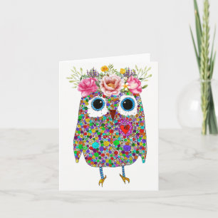 Carte de vœux Chouette à fleurs Couronne rose
