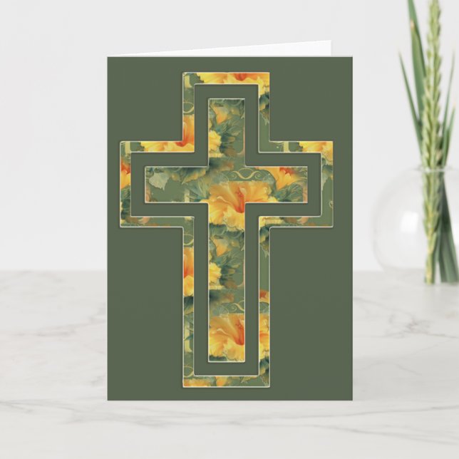Carte de voeux Chrétienne Croix Florale Vert Jaune (Devant)
