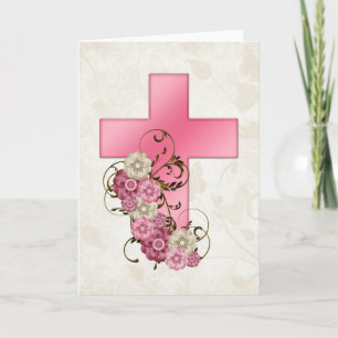 Carte de vœux chrétienne Croix rose avec fleurs 1