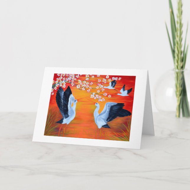 Carte de voeux. Cigognes et fleurs de cerisier (Devant)