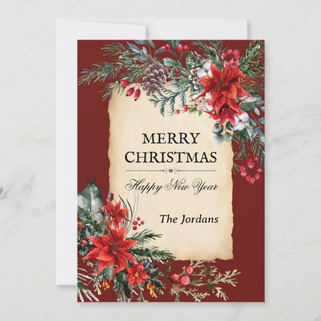 Carte de vœux classique florale de Noël à fond pla (Devant)
