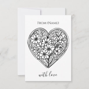 carte de vœux cœur de fleurs noir et blanc