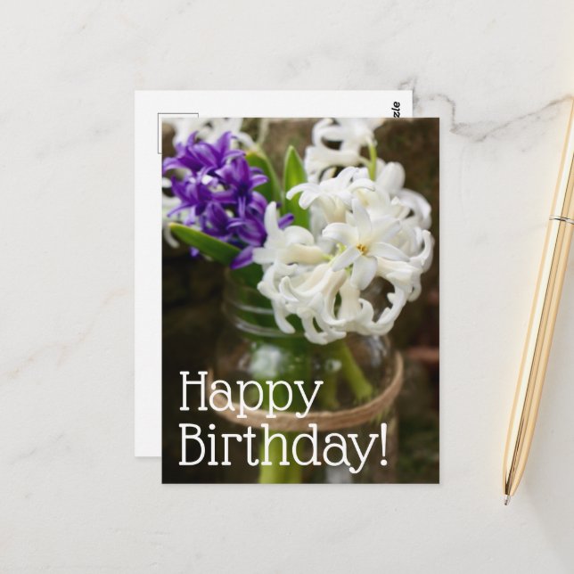 Carte de vœux d'anniversaire à l'hyacinthe pourpre (Devant/Arrière en situation)