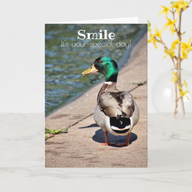 Carte de voeux d'anniversaire de canard souriant (Fleur jaune)