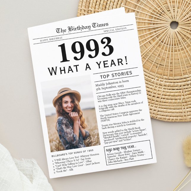 Carte de voeux d'anniversaire du journal 1993 (Birthday Card, born in 1993 newspaper personalized with photo, trivia and fun facts)