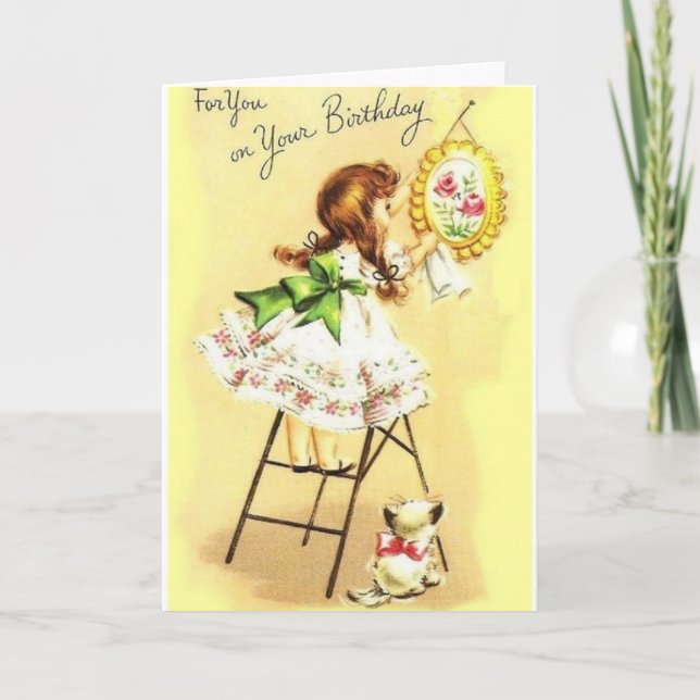 Carte de voeux d'anniversaire Retro Girl And Kitte (Devant)