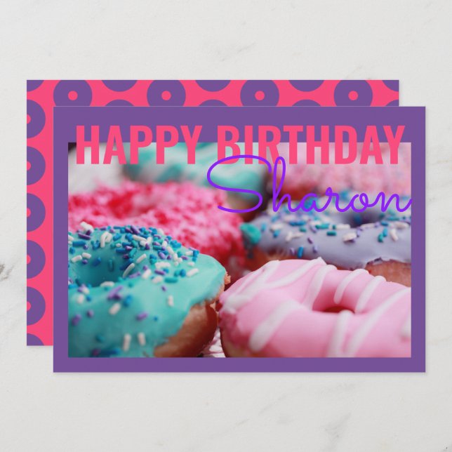 Carte de voeux d'anniversaire violet Donuts (Devant / Derrière)