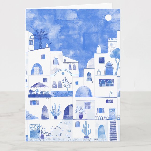 Carte de voeux d'aquarelle grecque Santorini (Santorini Greek island blue and white watercolor art card with original art by Nic Squirrell. )