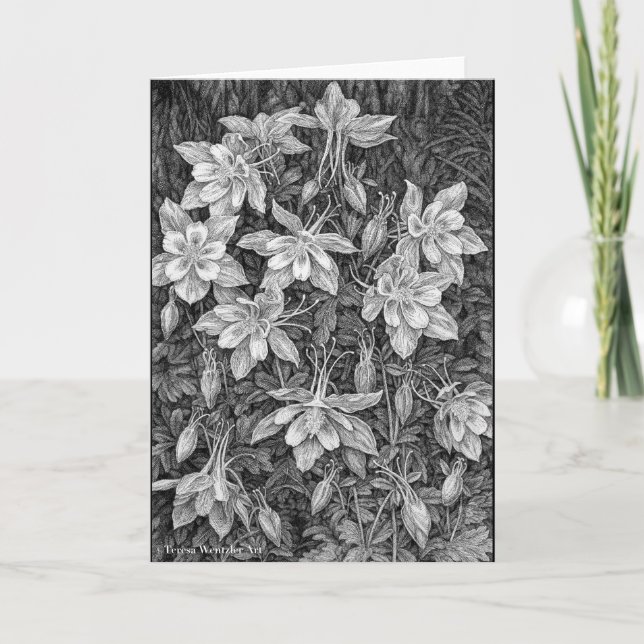 Carte de voeux de dessin en encre Columbines (Devant)