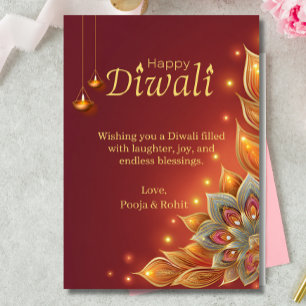 Carte de vœux de Diwali rouge or floral lampes
