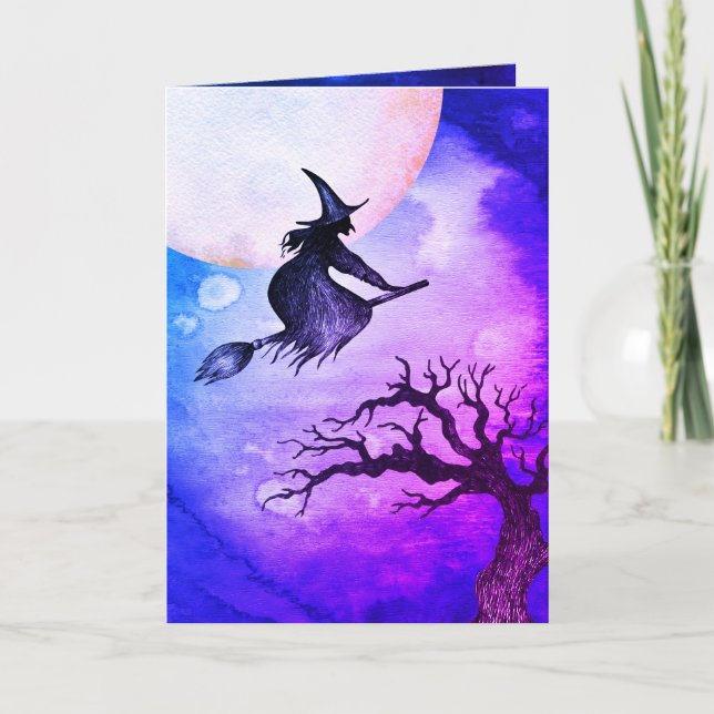 Carte de vœux de Halloween sorcière volante Joyeux (Devant)