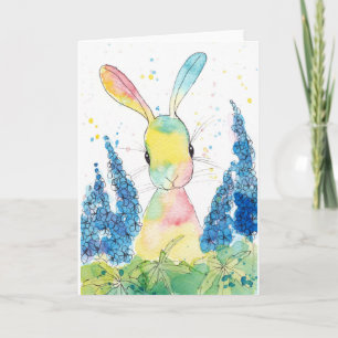 Carte de voeux de lapin de delphinium d'art de