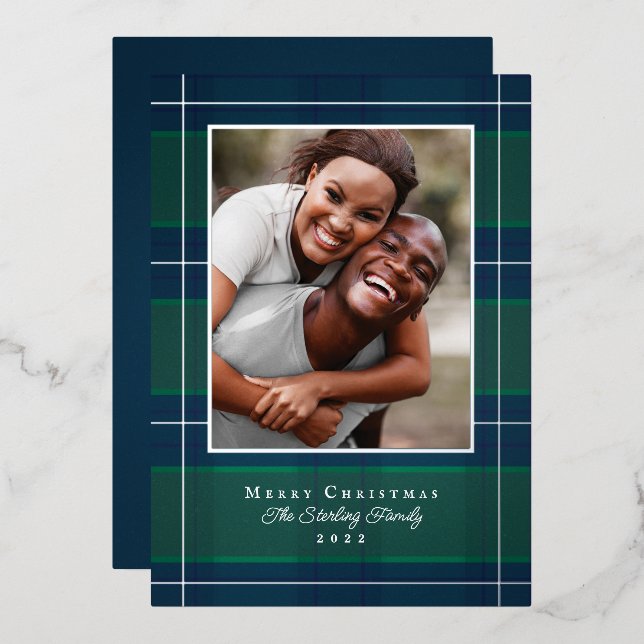 Carte de vœux de Noël à carreaux argent, bleu et v (Recto/Verso)