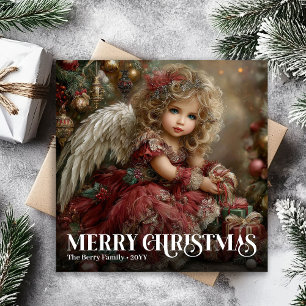Carte de vœux de Noël Ange Vintage Élégant Rouge P