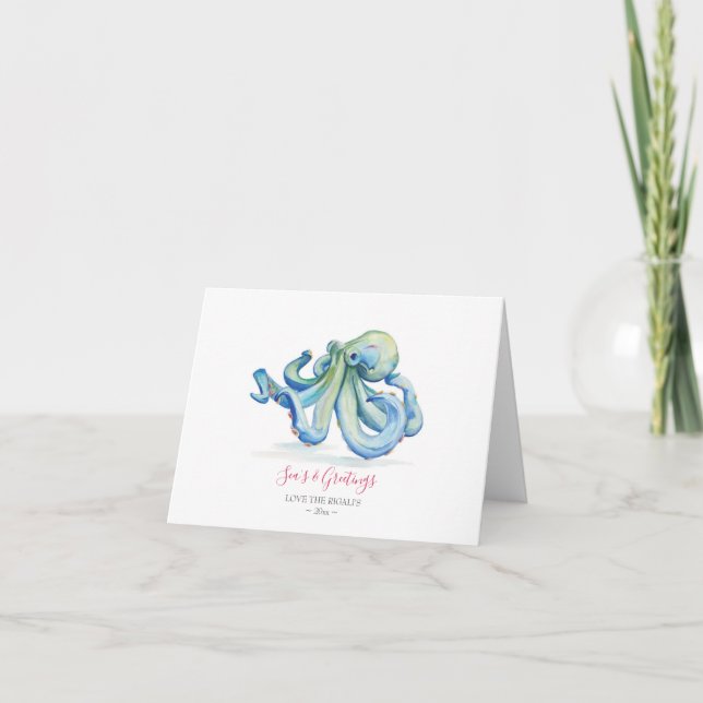 Carte de vœux de Noël aquarelle Pieuvre Bleue (Devant)