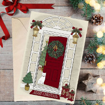 Carte de vœux de Noël avec chat à la porte