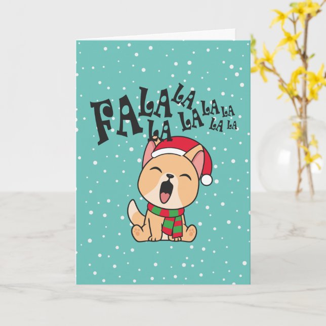 Carte de vœux de Noël avec chien chantant Fa La La (Fleur jaune)