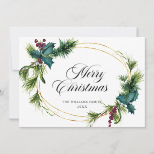 Carte de vœux de Noël avec pin élégant houx baie