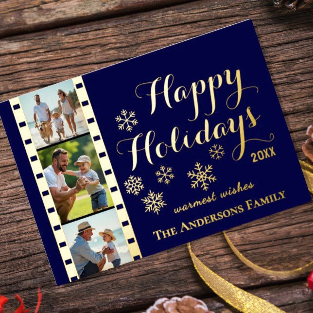 Carte de vœux de Noël, Bande de film classique, Bl (Christmas Photo Card / Real Foil, navy blue)