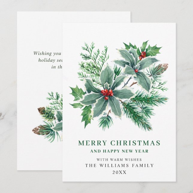 Carte de vœux de Noël branche de houx festive (Devant / Derrière)