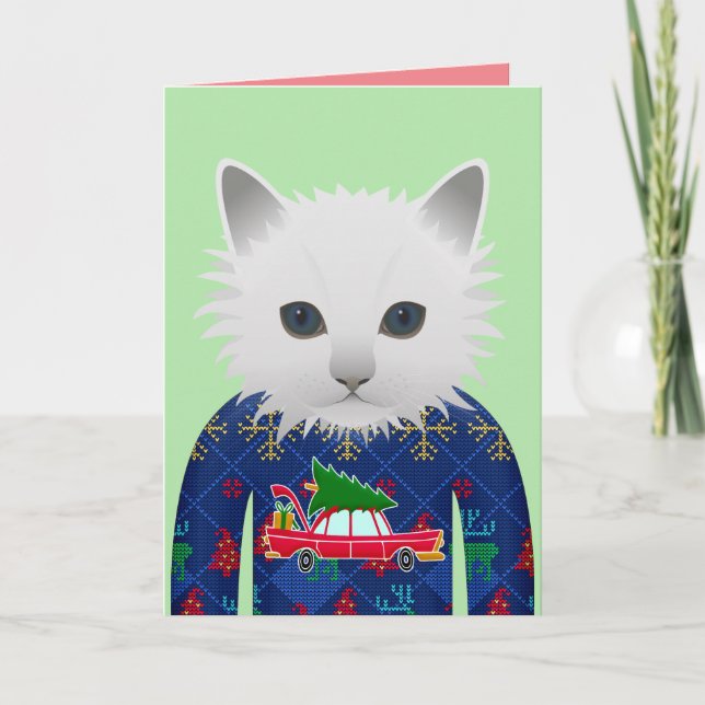CARTE DE VŒUX DE NOËL CHAT DRÔLE MEOWY (Devant)