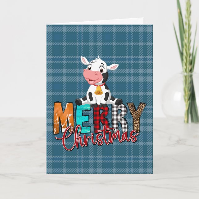 Carte de vœux de Noël de la vache à carreaux bleus (Devant)