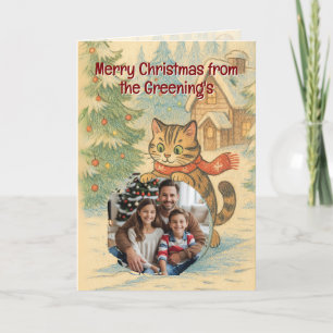 Carte de voeux de Noël famille et chat